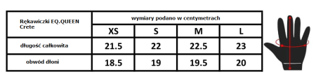 Rękawiczki EQ. QUEEN Crete czarne tabela rozmiarów