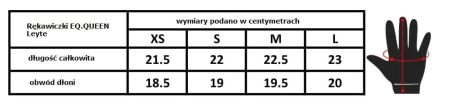 Rękawiczki EQ. QUEEN Leyte czarne tabela rozmiarów