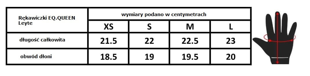 Rękawiczki EQ. QUEEN Leyte czarne tabela rozmiarów